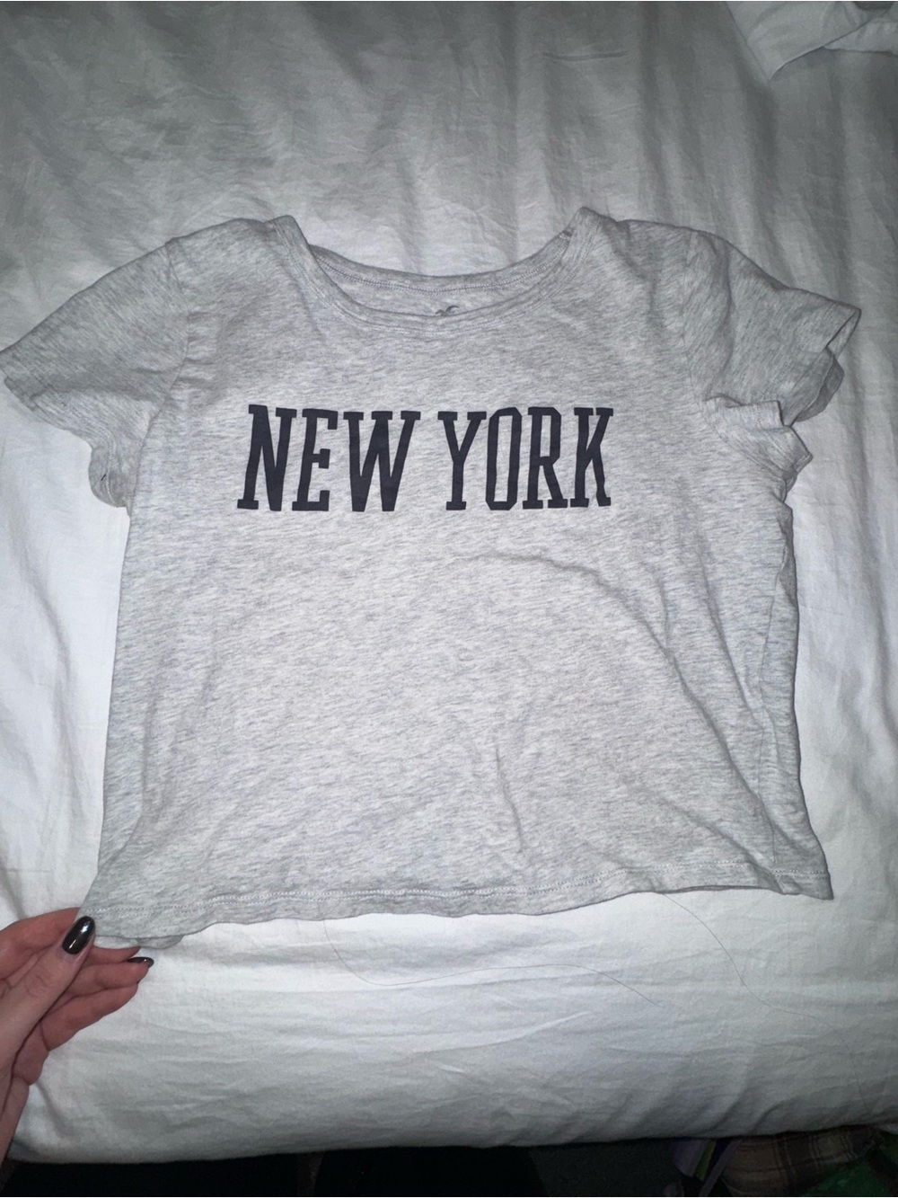 Hollister Light Gray Graphic Crop Tee with Navy Print